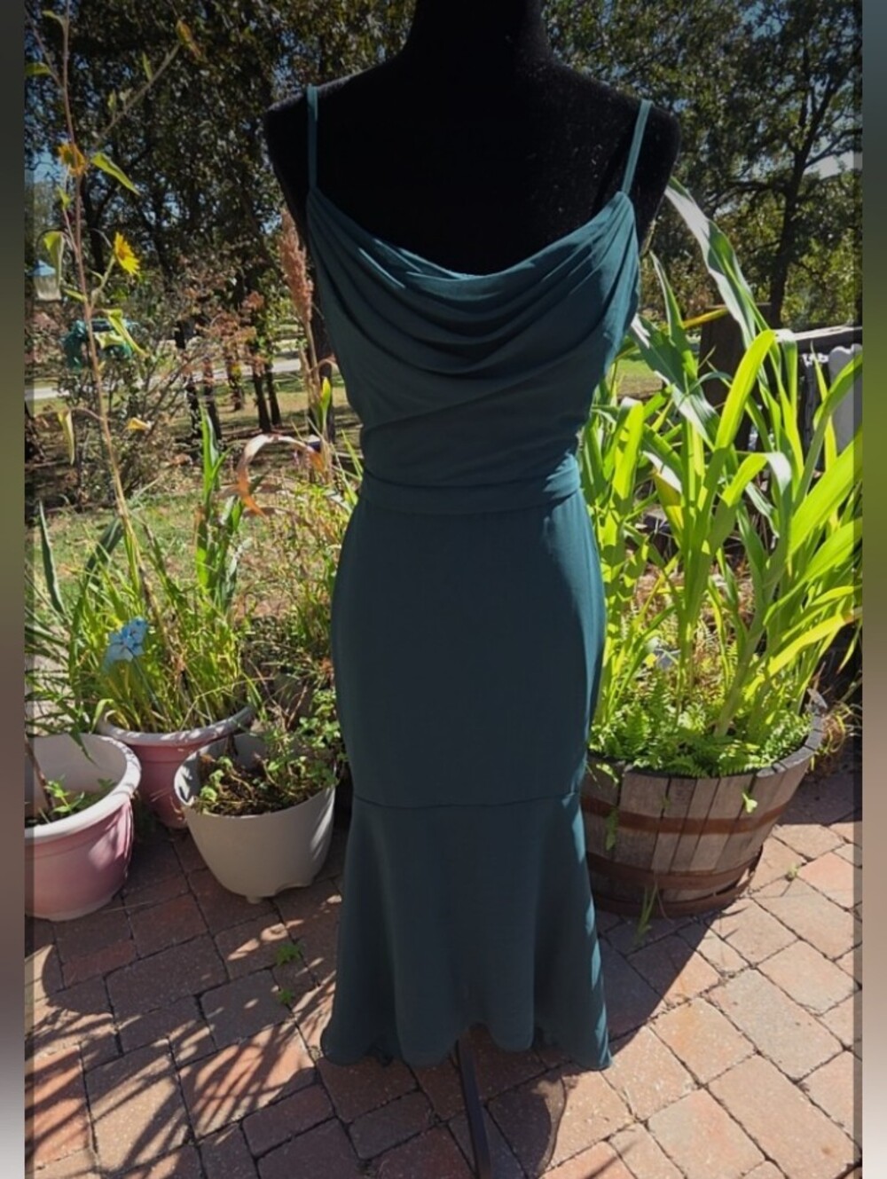 Azazie Pine Green Chiffon Cowl-Neck Mermaid Tail Maxi Dress SZ 2